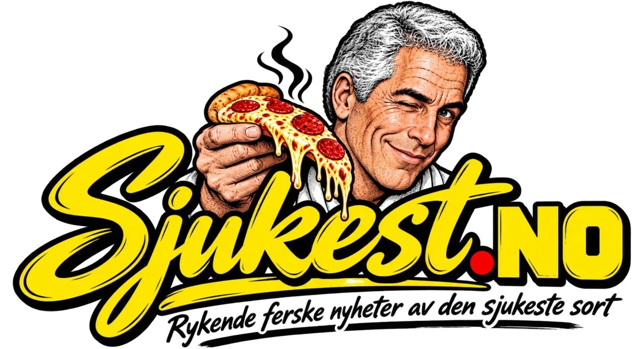 Sjukest.no – satirisk logo med Jeffrey Epstein-karikatur og pizzastykke