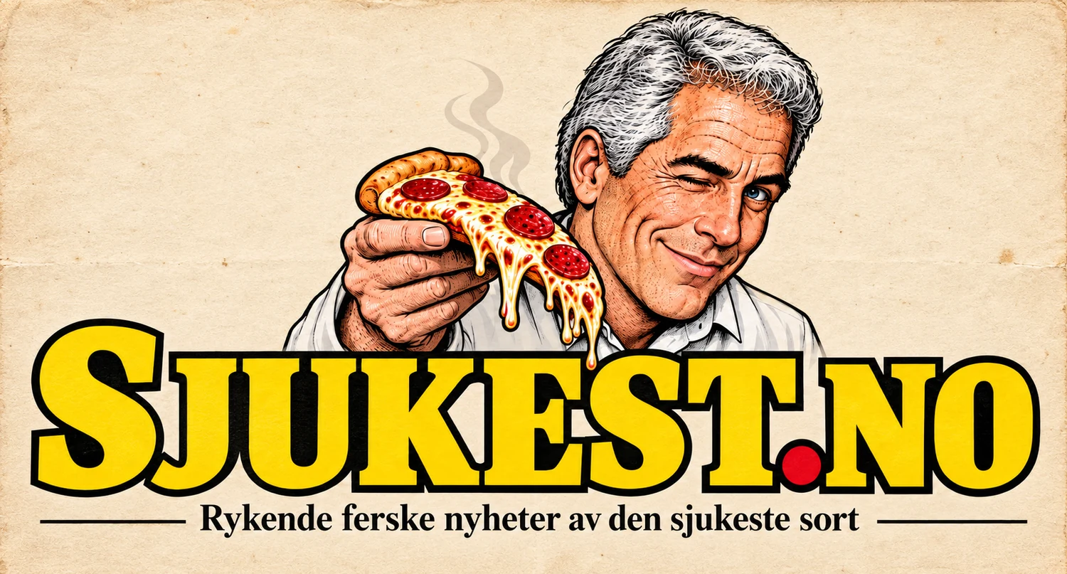 Sjukest.no – Rykende ferske nyheter av den sjukeste sort. Satirisk karikatur av Jeffrey Epstein som holder et rykende pizzastykke.